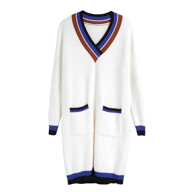 

AKSLXDMMD 2019 New Spring V-neck Sweater Dress Women Pullover Casual Striped Long-sleeve Knitted Dress Vestidos LH1347
