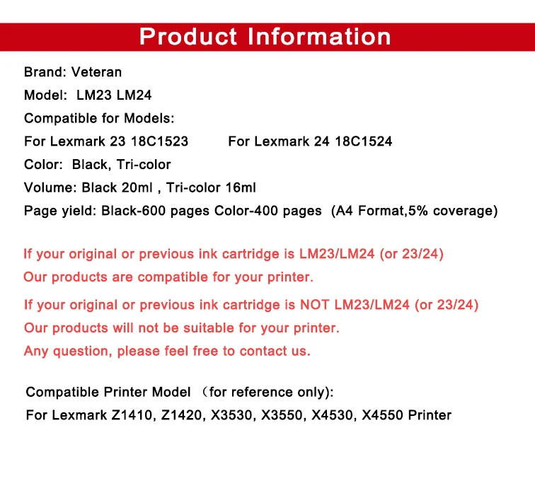 Картридж Veteran для принтера Lexmark 23 24 черных и цветных чернил Z1420 X4550 X3550 Z1410 X3530