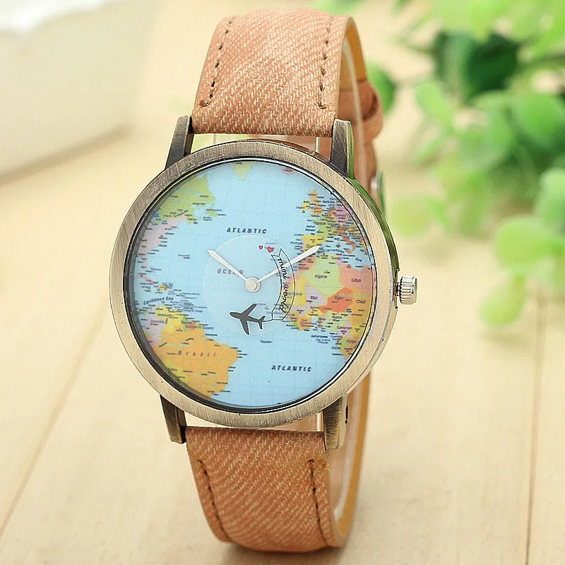 Модные Повседневные часы Global Travel By Plane Map женские кварцевые из джинсовой ткани