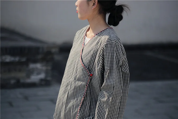 Винтажные клетчатые Топы 2019 весна лето хлопок льняная рубашка Кнопка три