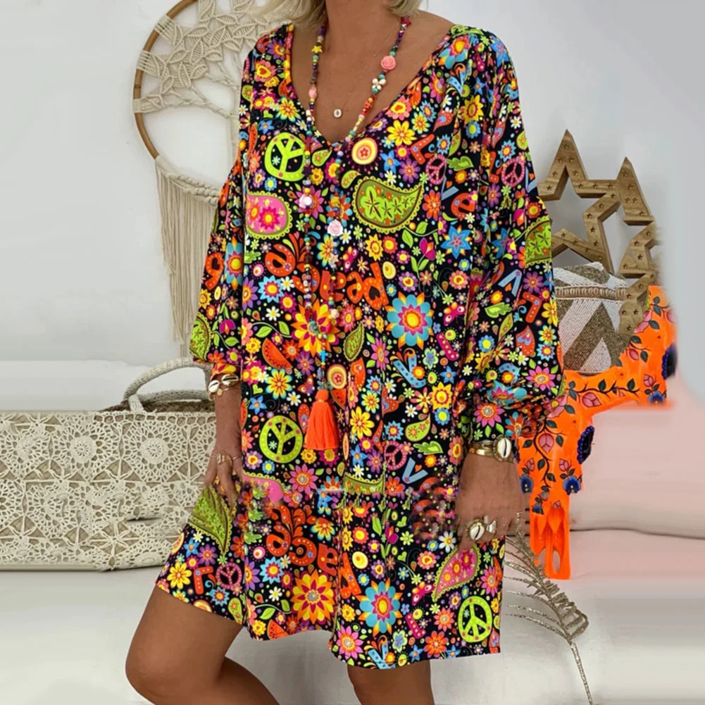 Женское свободное мини-платье с длинным рукавом и v-образным вырезом для