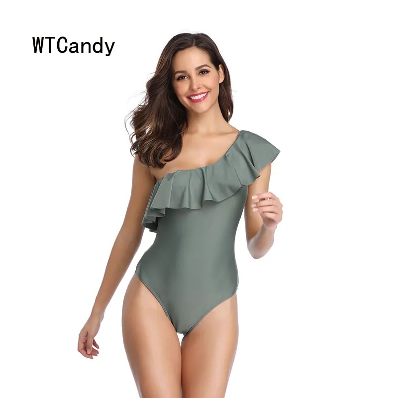 WTCandy сексуальный цельный купальник с одним плечом женский оборками однотонный