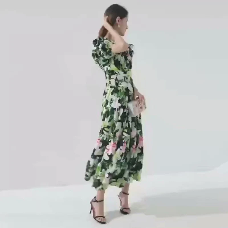 XF Boho Lily Green Flower Print Midi Dress Ruffled Short Sleeve 2019 Summer Leisure Beach Party Holiday Cake Style Elegant | Женская