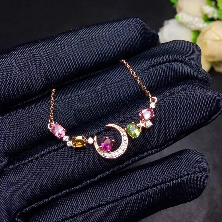 Natural Multicolor tourmaline Necklace Gemstone Pendant S925 sliver trendy Lovely Moon girl party gift Jewelry | Украшения и