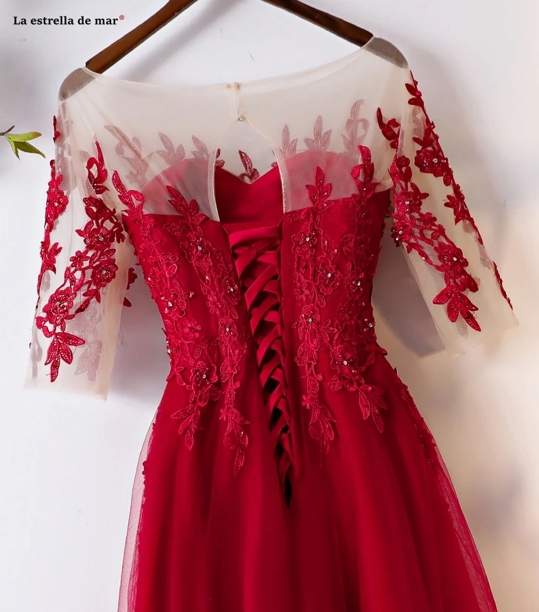 

Vestido madrinhas de casamneto2019 new tulle applique Scoop neck half sleeve A Line burgundy bridesmaid dresses Tea Length