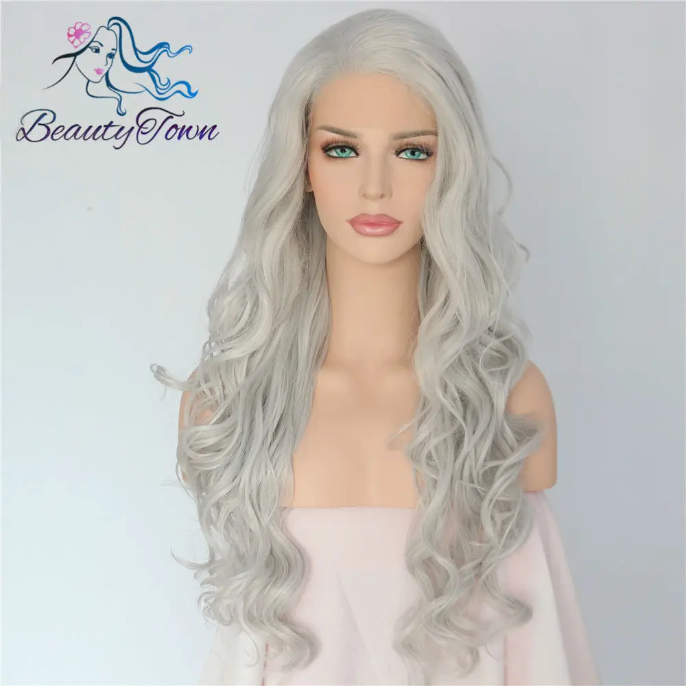 BeautyTown, ручная вязка, серый, белый, серебристый цвет, волнистые, стиль Camgirl, косплей, для женщин, повседневный макияж, вечерние, синтетические, на кружеве, передние парики