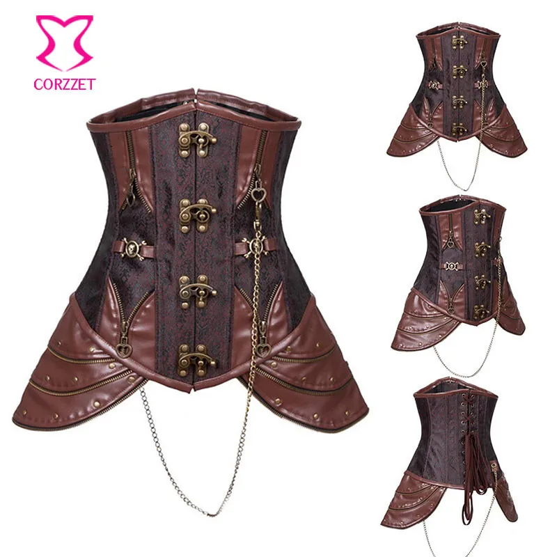 Винтажный коричневый кожаный стальной корсет Corzzet в стиле стимпанк бюстье топ