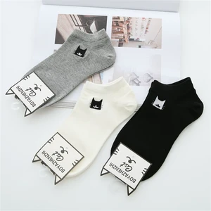 3 паралот, весенние женские носки с вышивкой кота из мультфильма, Хлопковые женские повседневные милые короткие носки, носочки, mujer meias, 2019