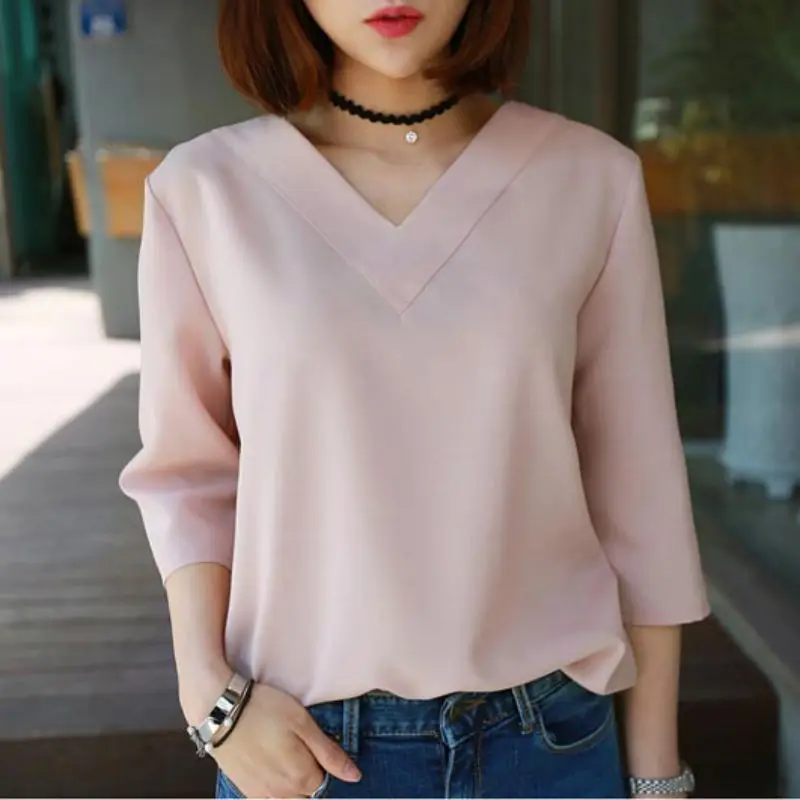 Женская шифоновая блузка с V-образным вырезом в Корейском стиле | одежда