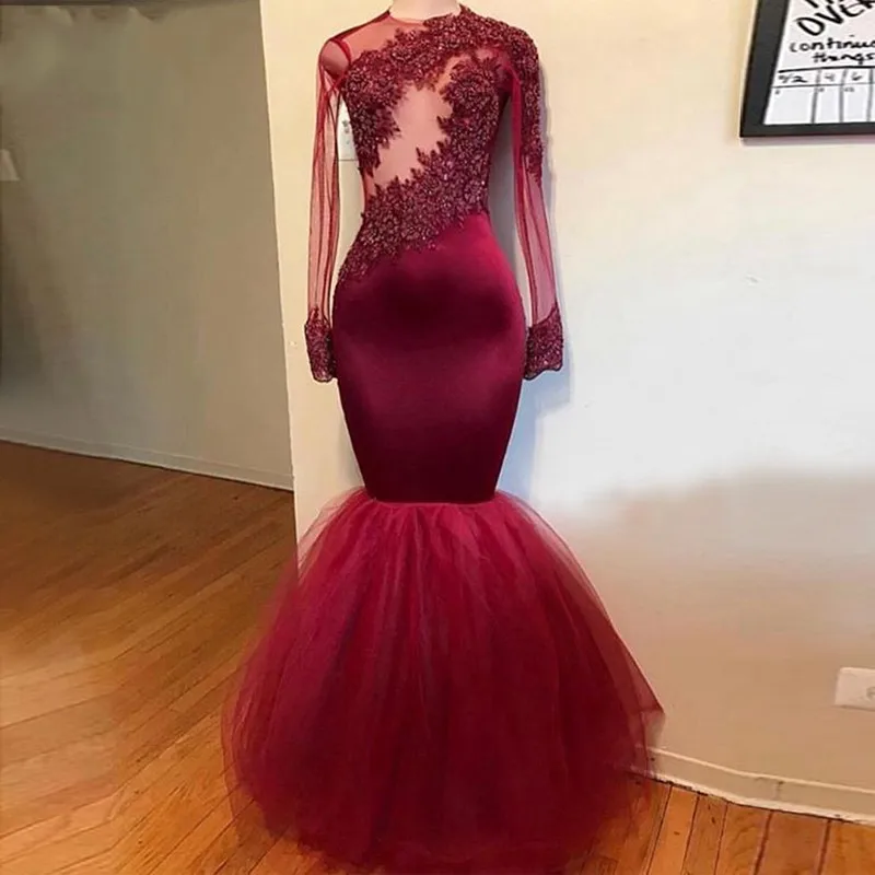 

Sexy African Sheer Long Sleeve Beaded Lace Burgundy Mermaid Prom Dresses 2019 O Neck Tulle Satin Prom Party Gowns Black Girls