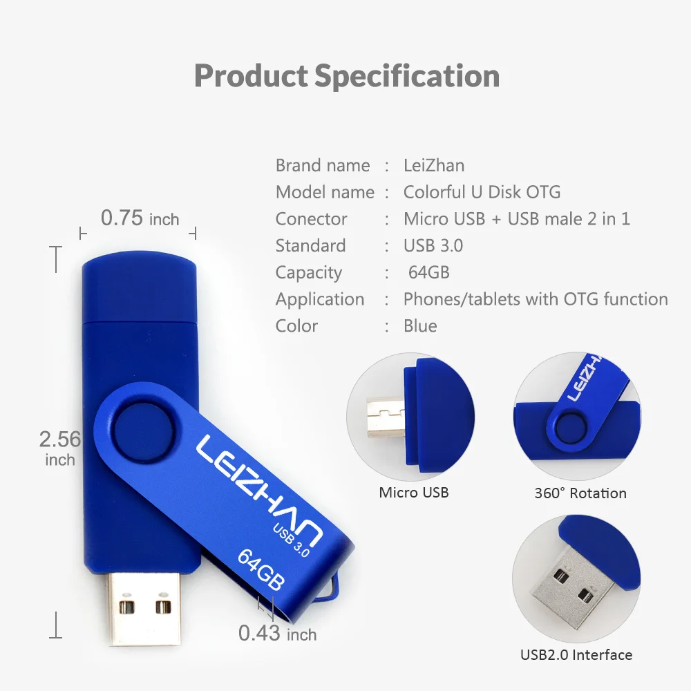 

LEIZHAN OTG USB flash drive 4GB 8GB 16GB 32GB 64GB for Android /Tablet /PC USB 3.0 Pendrive high quality pen drive Micro stick