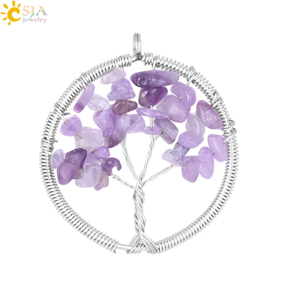 Amethyst CSJA Wisdom Life Tree натуральный драгоценный камень подвесной рейки лечебный Кристал, кварц чип шарик Радуга ручной работы ювелирные изделия подарок для женщин E055 - Окраска металла: Amethyst