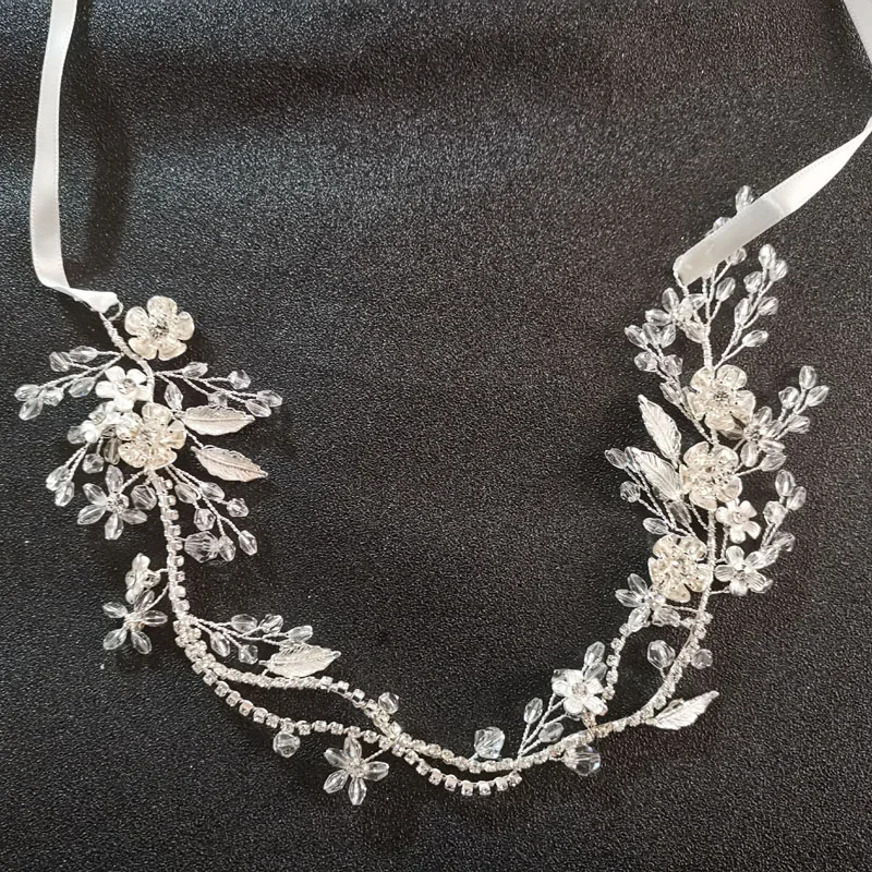 SLBRIDAL ручной работы Серебряный Цвет Кристалл Стразы цветочный лист Свадебные