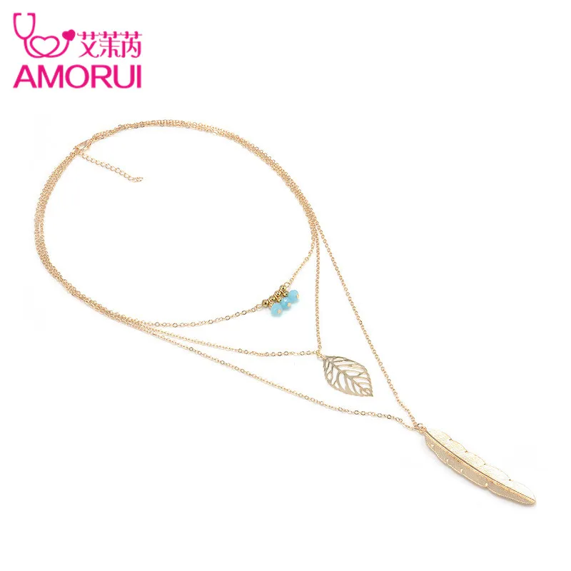 

AMORUI New Multilayer Long Chain Necklace 3 Layer Blue Bead Leaf Pendant Necklace Fashion Feather Necklaces Jewelry Bijoux Gift