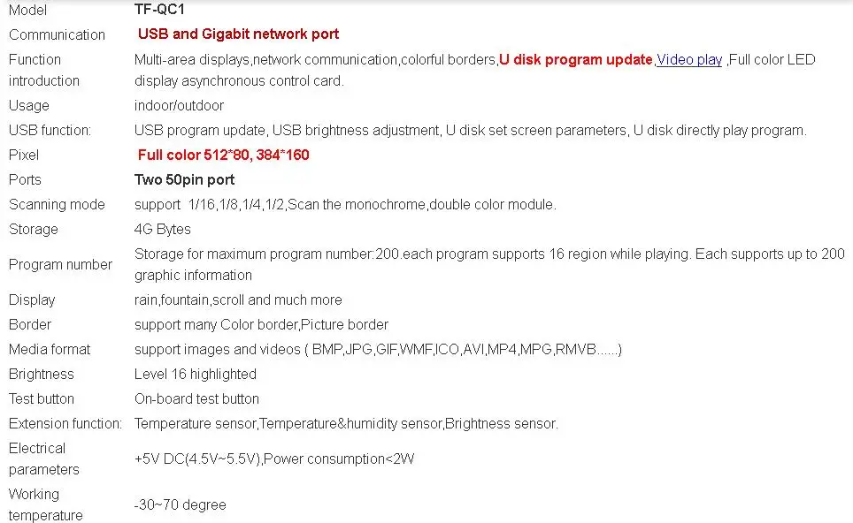TF-QC1 Longgreat TF USB Ethernet port Full color LED display asynchronous control card 512*80 384*160 |