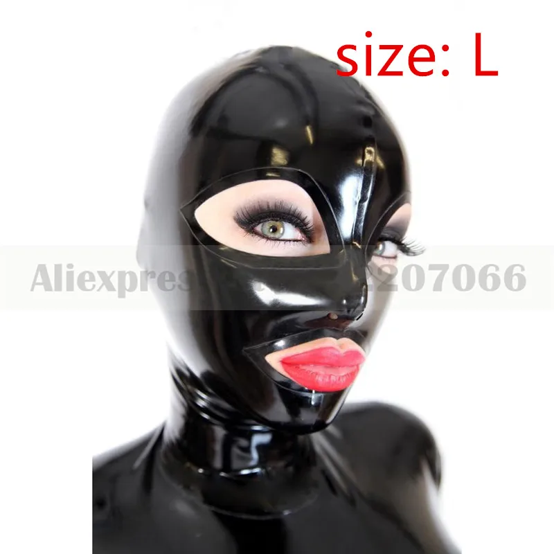 size L Унисекс однотонный черный латексный резиновый капюшон маска с молнией сзади Фетиш капюшон глаза рот открытый ручной работы RLM182 - Цвет: size L