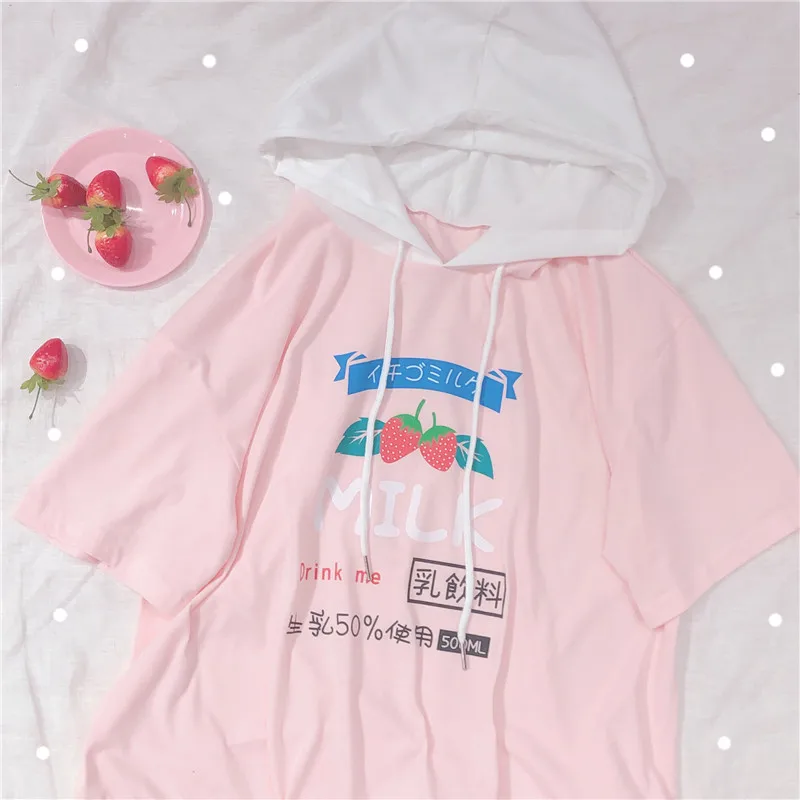 Harajuku/Милая женская футболка с принтом клубники, с капюшоном, с коротким рукавом, футболка, кавайный пуловер для девушек, студентов, летние молочные футболки с узором из букв