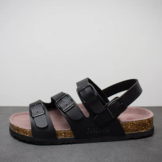 Black 3 Buckle Шлепанцы; пробковые мужские сандалии-гладиаторы; кожаные летние Черные Водонепроницаемые японские туфли в римском стиле; большие размеры 45; модные шлепанцы без задника на плоской подошве - Цвет: Black 3 Buckle