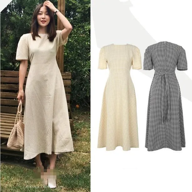 Элегантное винтажное клетчатое платье с круглым вырезом и коротким рукавом в