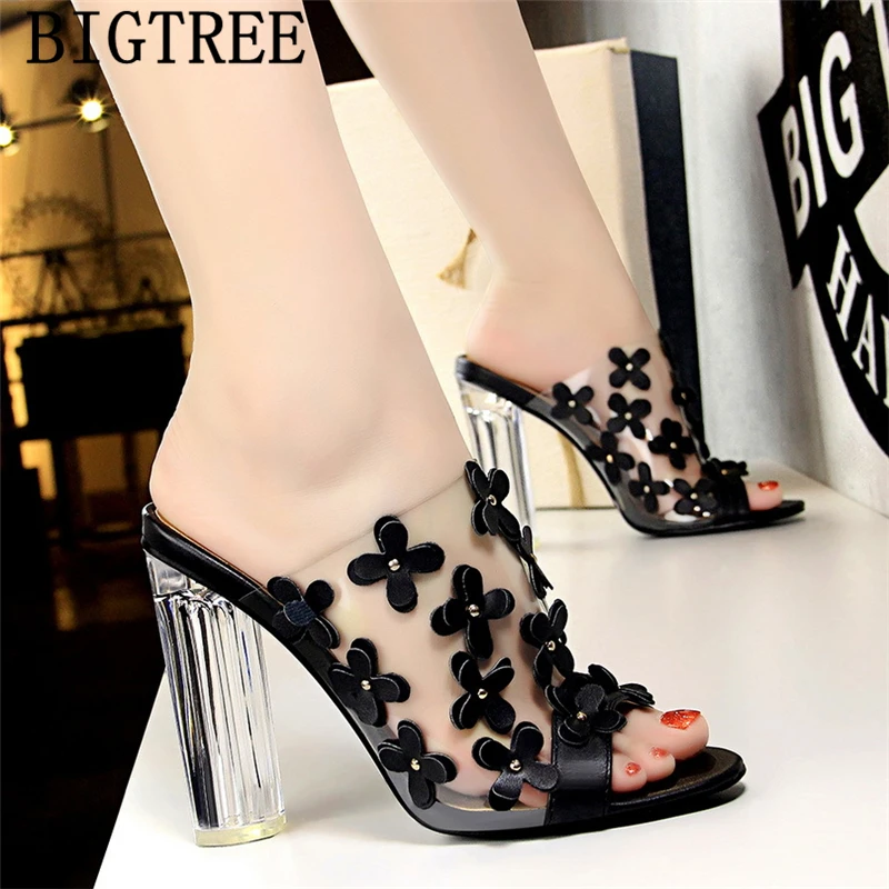 Прозрачные шлепанцы с цветами Дизайнерская обувь на прозрачном каблуке Женские