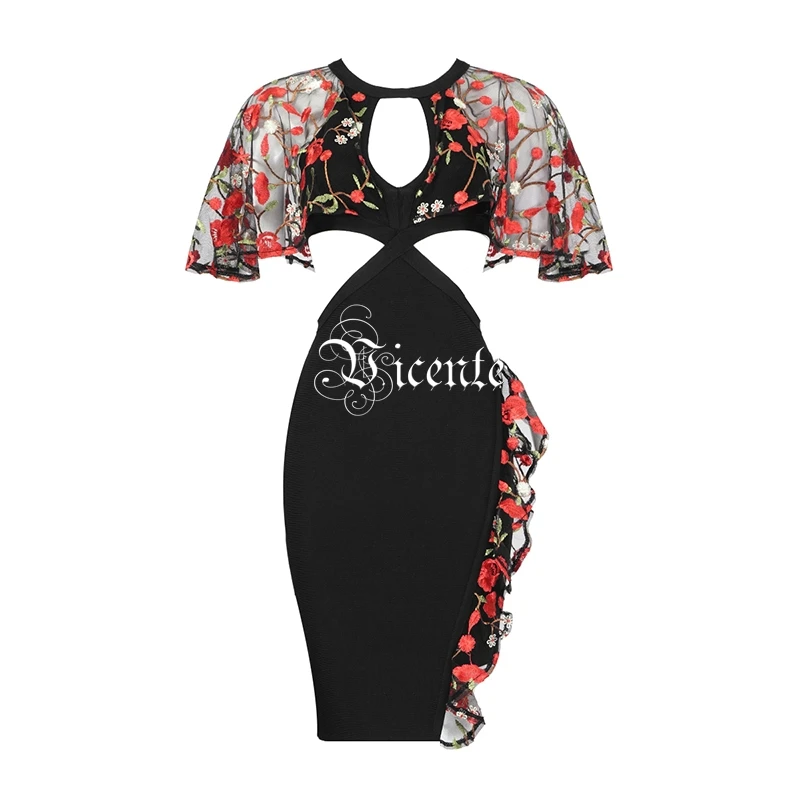 VC Горячая шикарная Цветочная вышивка мини платье Сексуальная Талия вырезанный