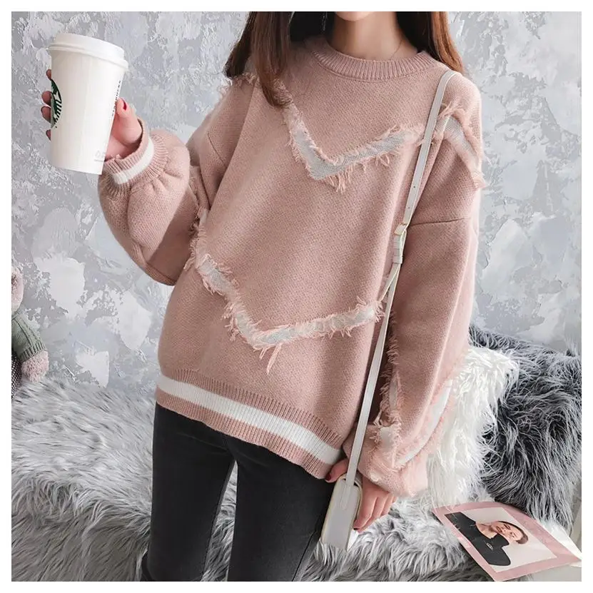 HF18282 Pink H. SA, женские модные свитера, повседневные полосатые джемперы с кисточками, пуловеры с буквами, вязаные свободные свитера с крыльями летучей мыши - Цвет: HF18282 Pink