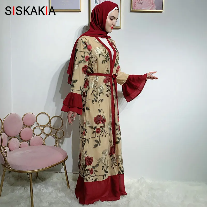 Siskakia роскошное кружевное платье абайя с вышивкой, модное платье с расклешенными рукавами, Дубай, кардиган, халаты, лето, Исламская одежда