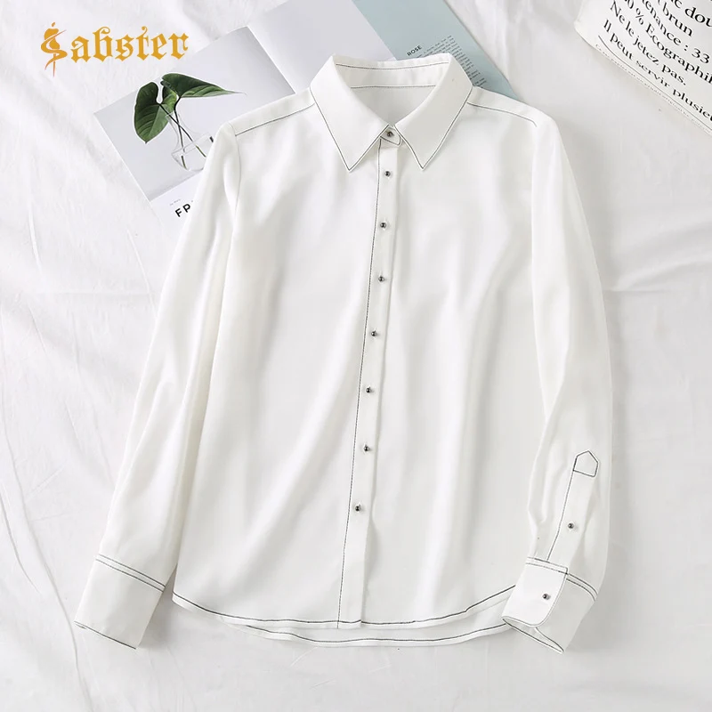 Новые модные Для женщин 2019 Лето отложной воротник рубашка блузка с длинным