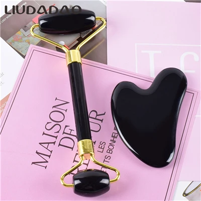 Black Obsidian 2 шт./компл. нефритовые ролики черный обсидиан Guasha Массажер Инструменты Гладкий натуральный камень тело шеи лифтинг ролики массаж уход за кожей - Цвет: Black Obsidian