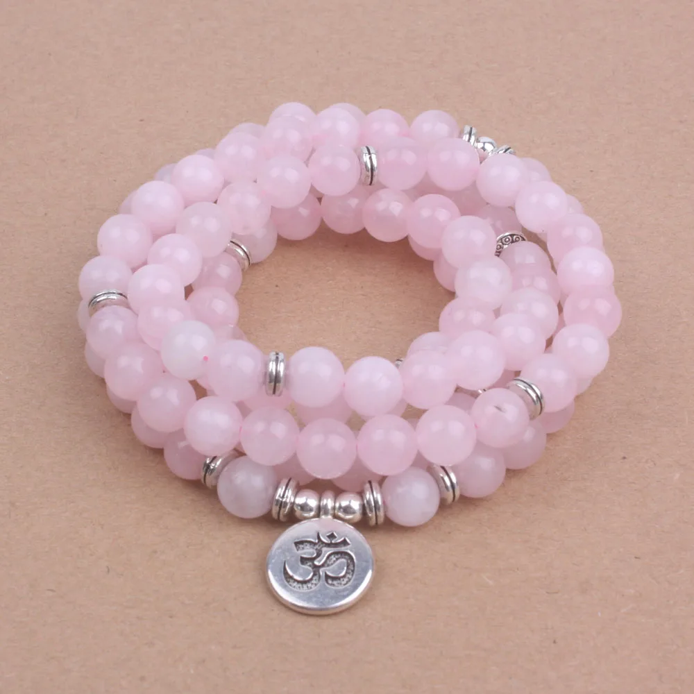 108 Mala Beads с лотосом Ом Будда Шарм браслет для женщин розовый натуральный камень Yogi