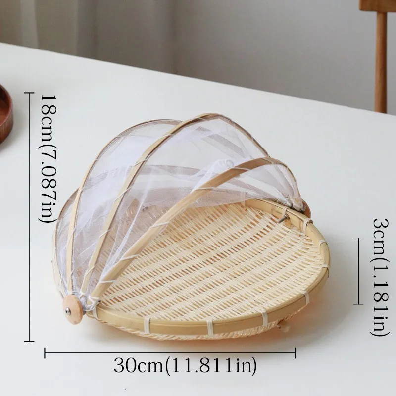 Round30cm Бамбуковая плетеная корзина ручной работы с защитой от насекомых, Пылезащитная Корзина для пикника, фруктовый поднос, пищевые блюда для хлеба, крышка с марлевым окошком - Цвет: Round30cm