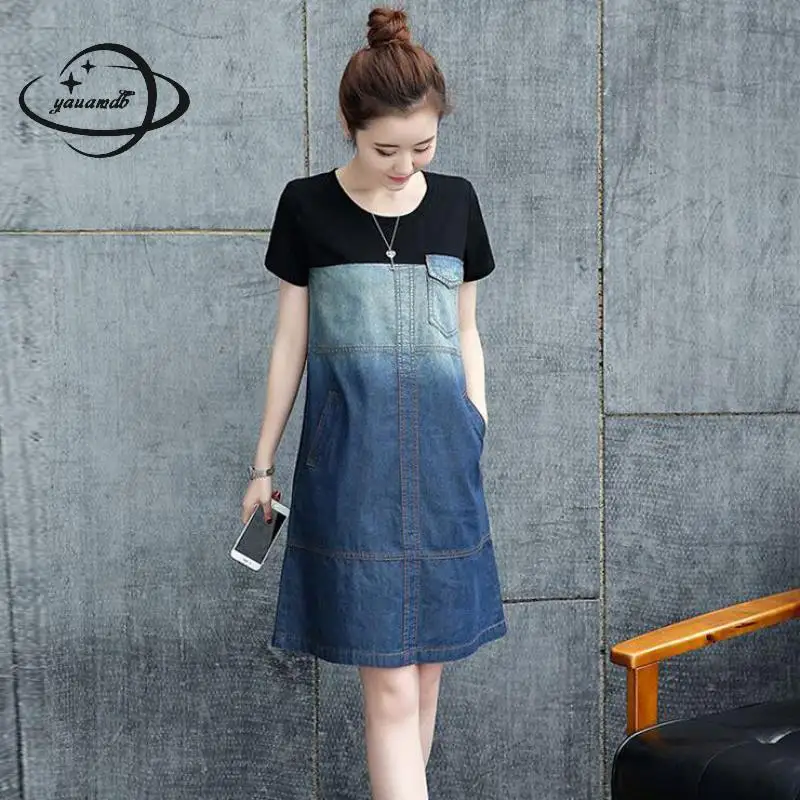 

Yauamdb Women Knee Length Dress Summer M-2xl Female A Line Vestidos Jeans Clothing Striped Patchwork Ladies Clothes Ly51
