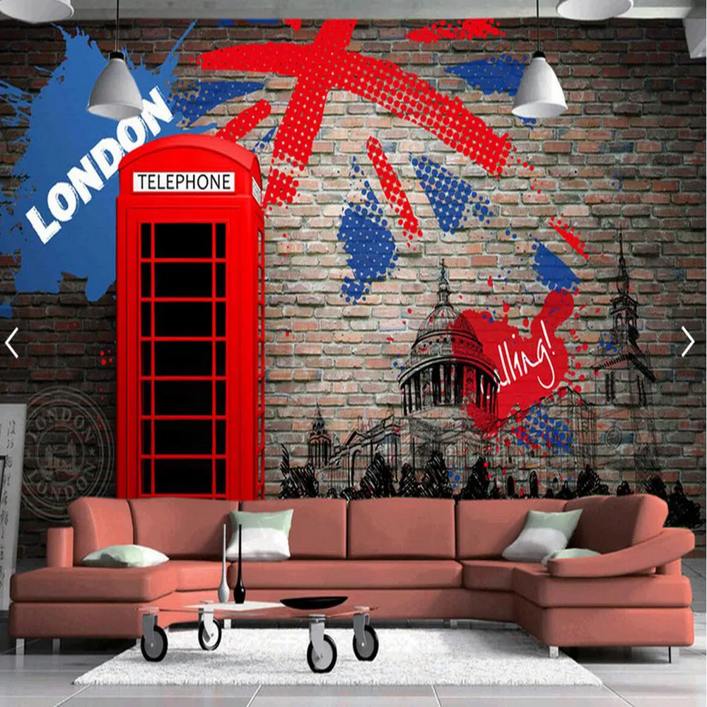 

European retro london red telephone booth brick backsplash wall murals 3d bedroom for living room photo wall mural wall paper