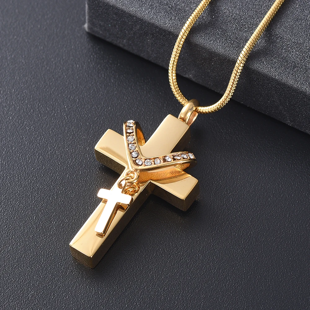 

Fashion Gold Plated Cross Stainless Steel Ash Urn Keepsake Diamond Pendant Necklace Gift For Women Cremation Urn + Jewelry Noble