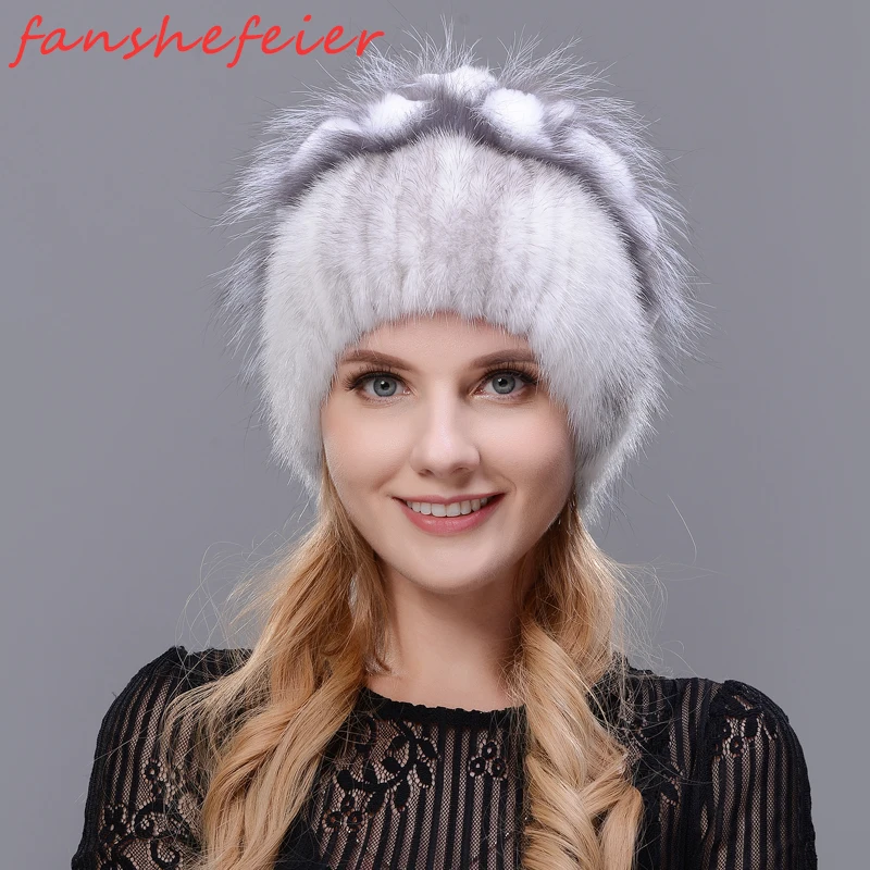 Русская вязаная шапка FANSHEFEIER с оттером и лисой натуральным мехом зимняя женская