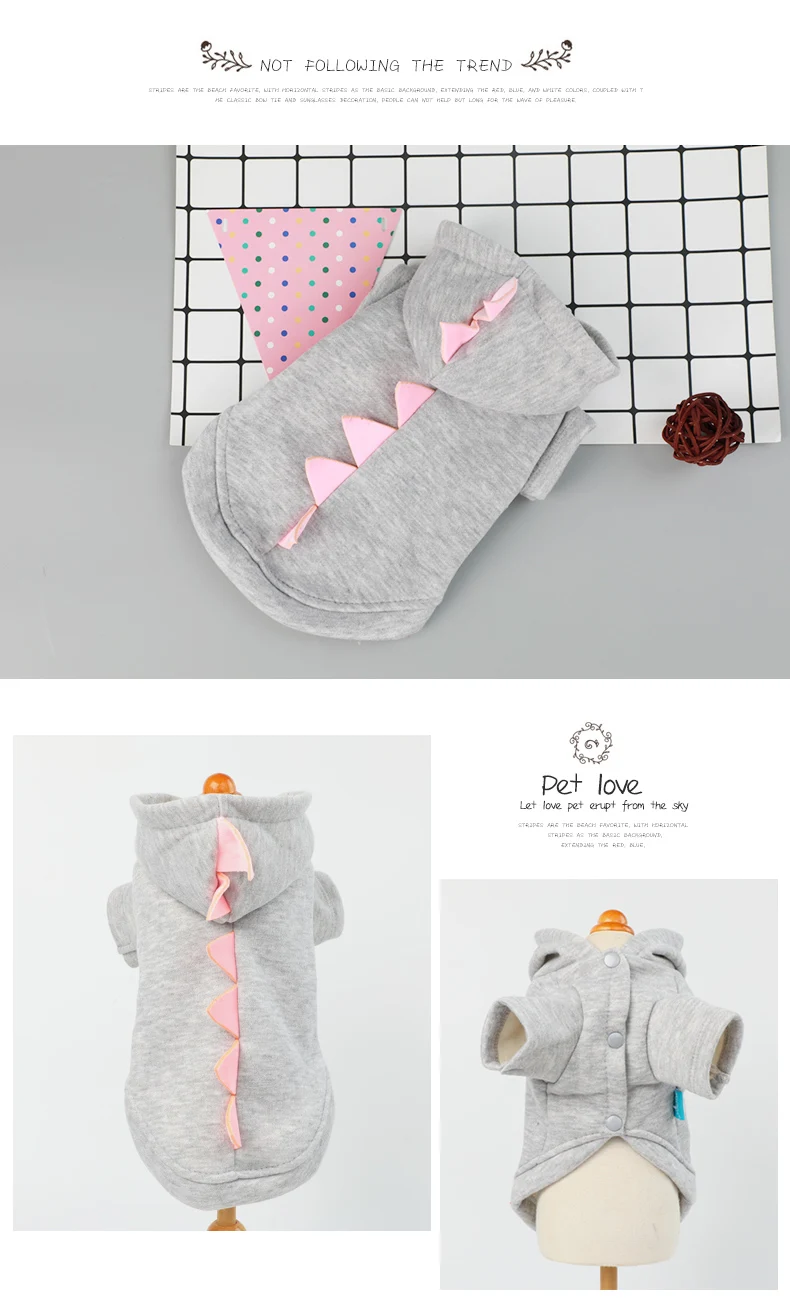 Dinosaur Dog Hoodies For Pet Love Fall Autumn Winter Puppy Coat Pink Gray Animal Cat Outfit For French Bulldog Terrier Goods