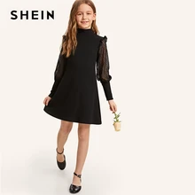 SHEIN/элегантное детское платье для девочек со стоячим воротником и замочной скважиной на спине; коллекция года; летние вечерние платья с рукавами из бараньей кожи с оборками