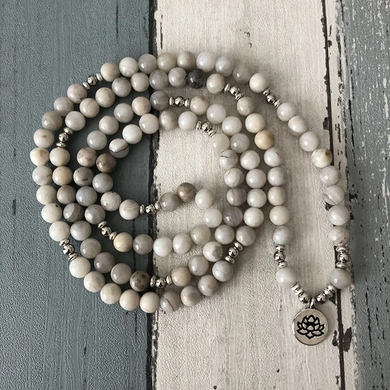 

Multi-Wrap Bracelet For Unisex Trendy Handmade Mens 108 Mala Yoga Bracelet or Necklace Om Charm White Crazy Lace Bracelet Lotus