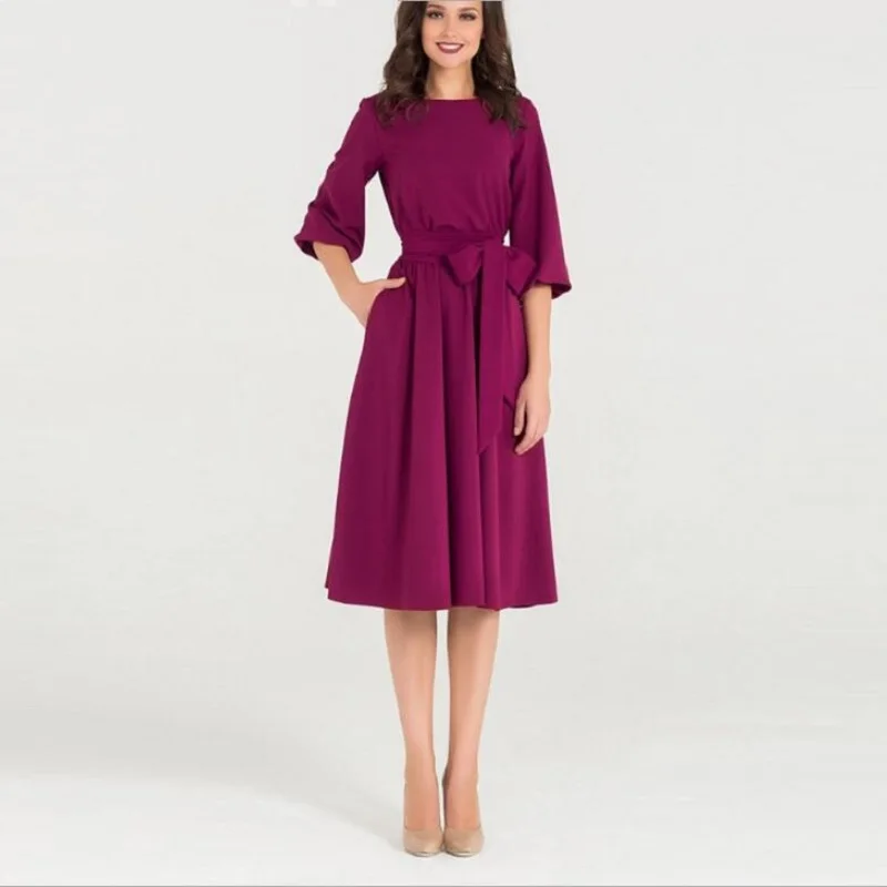 Женское винтажное однотонное платье трапециевидной формы с рукавами-фонариками