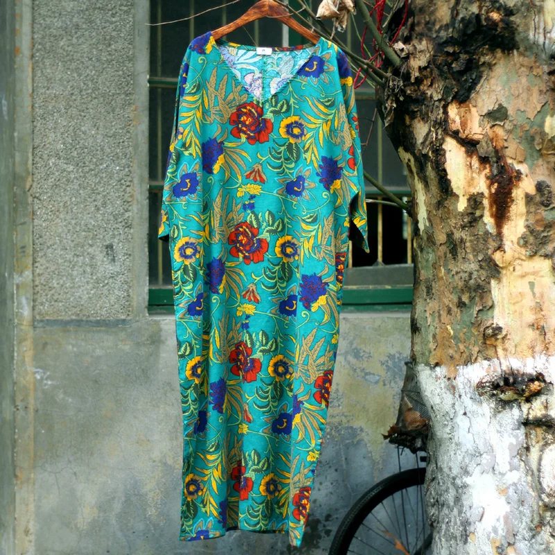 Женское винтажное платье из хлопка и льна с рукавом три четверти v образным