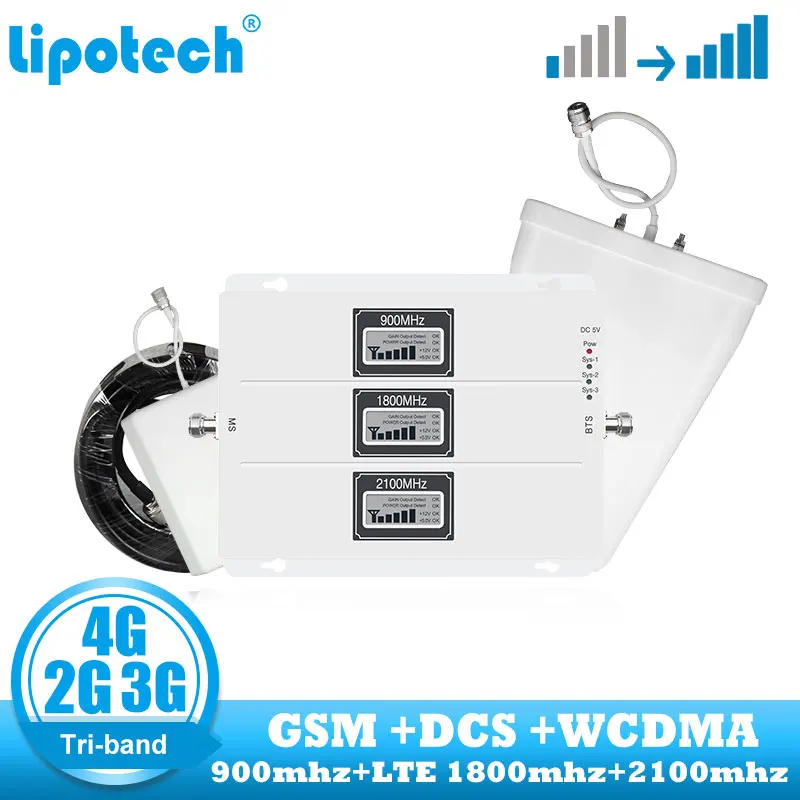 GSM 900 1800 2100 WCDMA DCS Ретранслятор сотового сигнала 2G 3G 4G трехдиапазонный усилитель