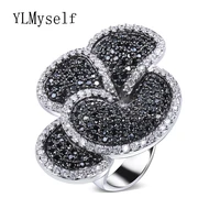 great product flower big ring pave aaa jet and clear cubic zirconia stones large black white party jewelry