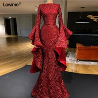 new fashion burgundy long lace evening dresses mermaid sequin long sleeve formal evening gowns free shipping robe de soiree