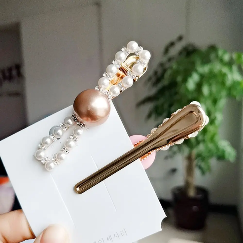 

1Pc Fashion Women Hair Clip Imitation Pearl Bow Duck Mouth Clip Rhinestone Temperament Hairpins Duckbill Clips Barrette