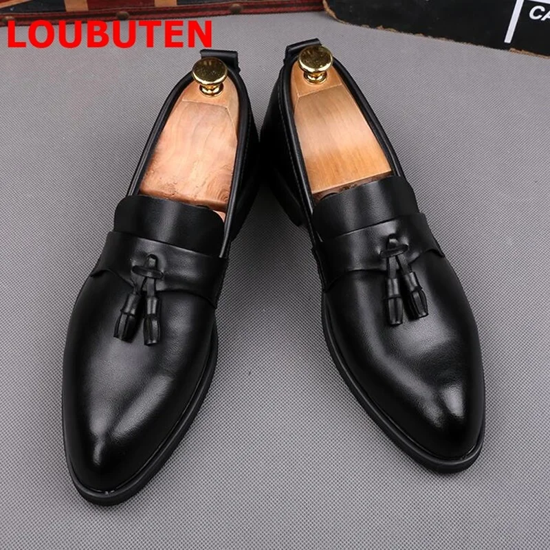 LOUBUTEN Black Soft Leather Men Loafers Fashion Pointed Toe Tassel Shoes Breathable Slip On Mens Casual Flats | Обувь