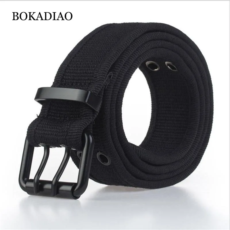 BOKADIAO Men&Women Canvas belt Fashion casual luxury Metal Double pin buckle jeans belts for women high quality male strap Black