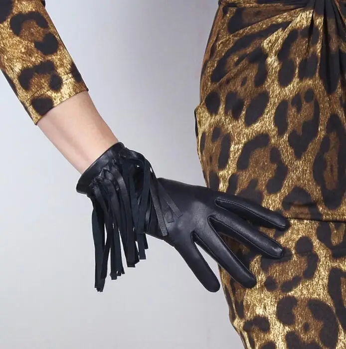 

Women'a natural goat leather driving glove lady's Punk Style Hip Hop Tassel genuine leather black motorcycle glove R631