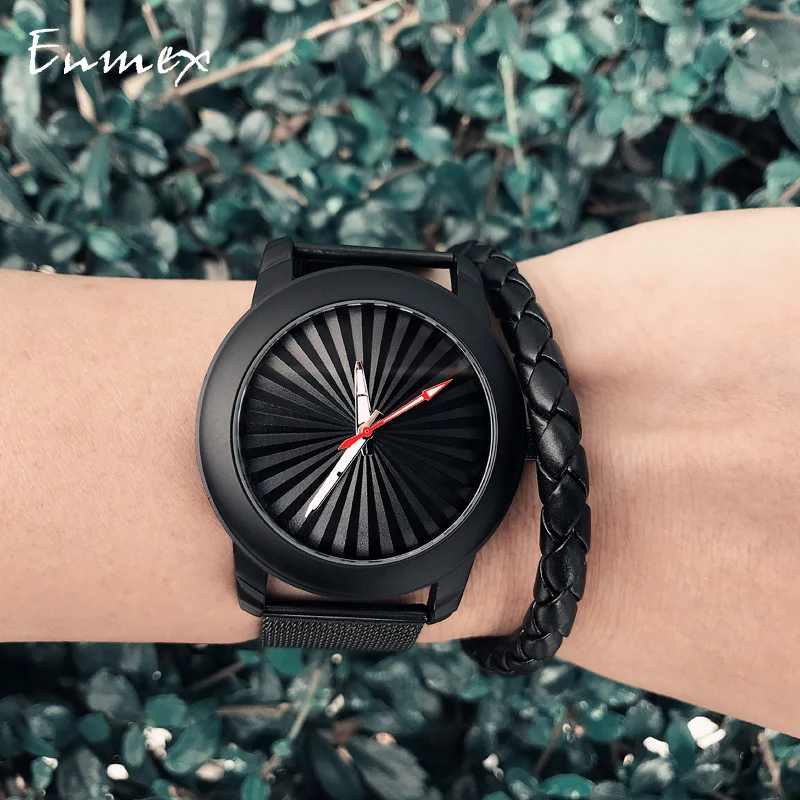 

2019 Enmex creative gloden wristwatch Luminous hands Solar stripe Genuine leather strap fashion Stylish clock quartz watch