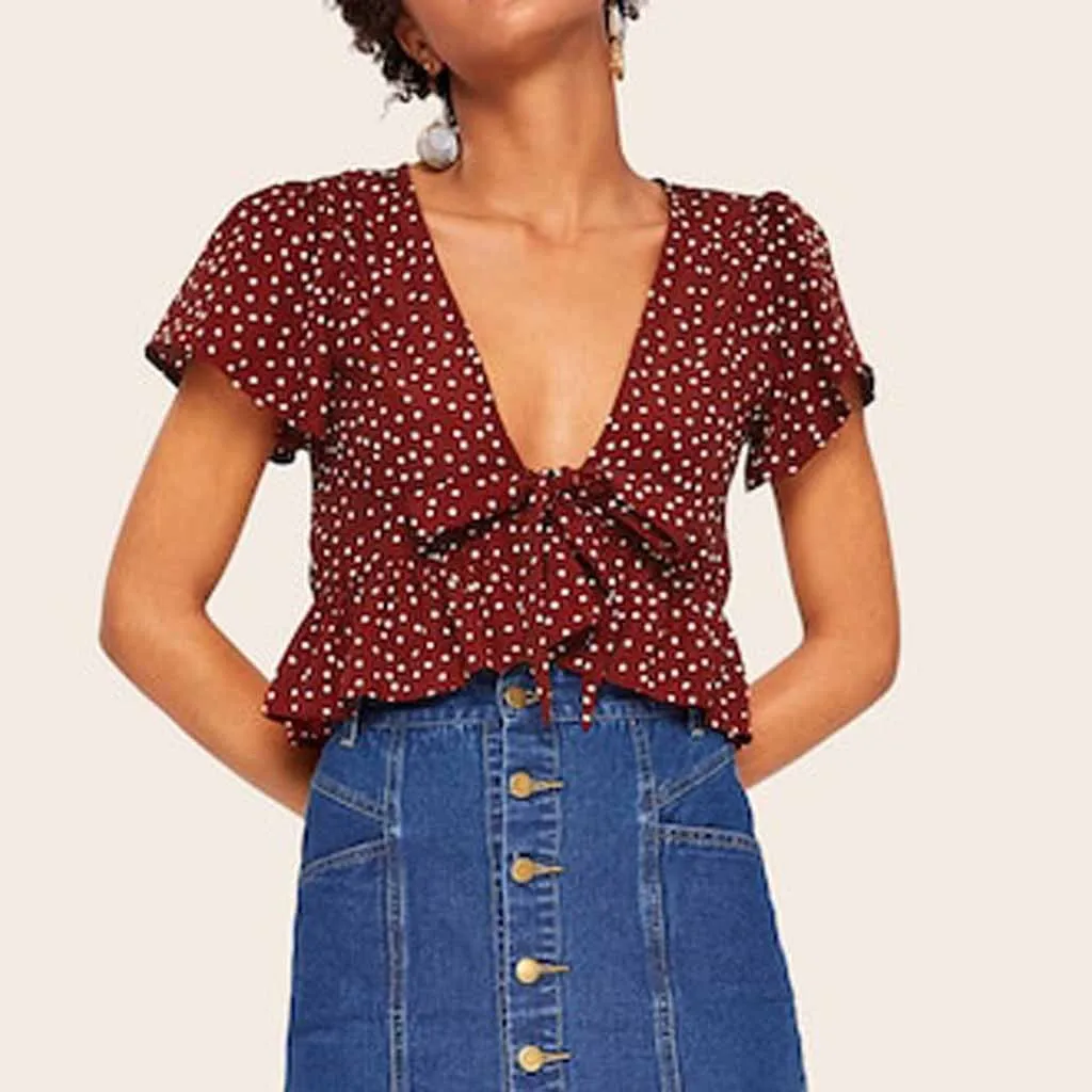 Женский винтажный укороченный топ в богемном стиле с v образным вырезом