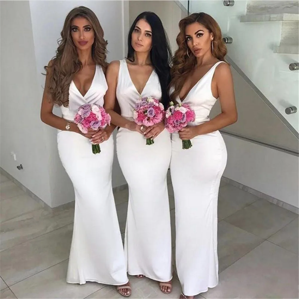 

White Mermaid Bridesmaid Dresses V Neck Floor Length High Quality Satin Long Wedding Party Dress 2019 Cheap Maid Of Honor Gowns